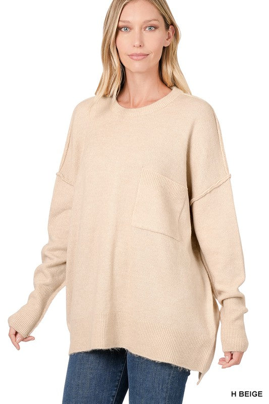 MELANGE HI-LOW HEM POCKET SWEATER