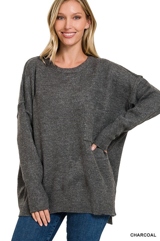 MELANGE HI-LOW HEM POCKET SWEATER