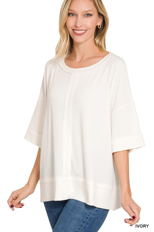 Ribbed Boat Neck Dolman Sleeve Top w/ Front Seam