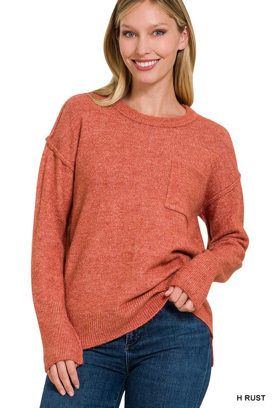 MELANGE HI-LOW HEM ROUND NECK SWEATER