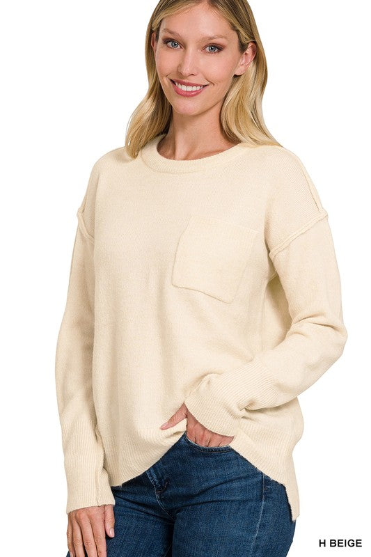 MELANGE HI-LOW HEM ROUND NECK SWEATER