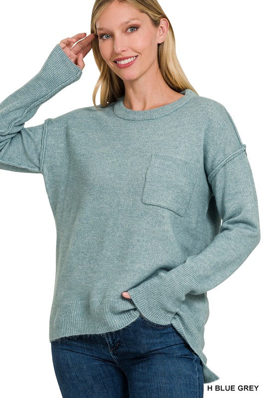 MELANGE HI-LOW HEM ROUND NECK SWEATER