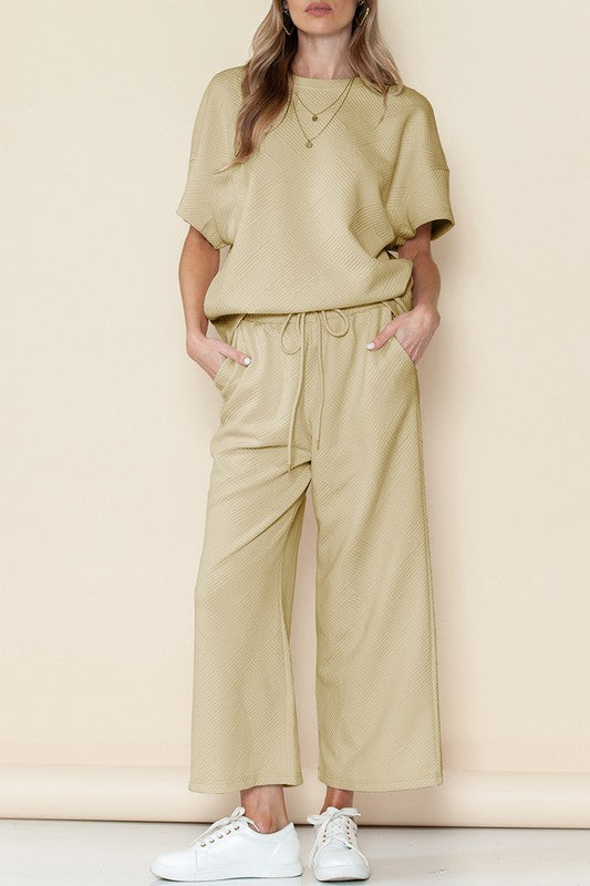 Textured Loose T Shirt and Drawstring Pants Set