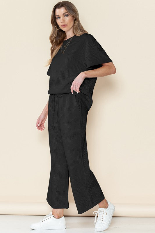 Textured Loose T Shirt and Drawstring Pants Set