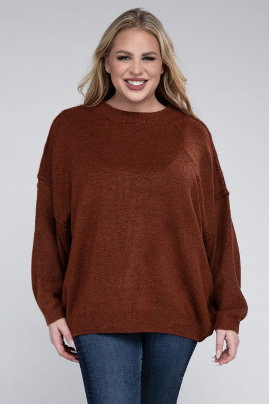 Plus Oversized Round Neck Raw Seam Melange Sweater