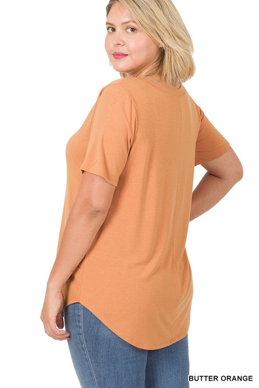 Plus Short Sleeve V-Neck Round Hem Top