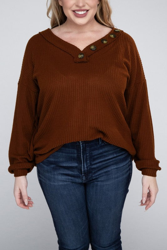 Plus Brushed Waffle V-Neck Button Detail Sweater