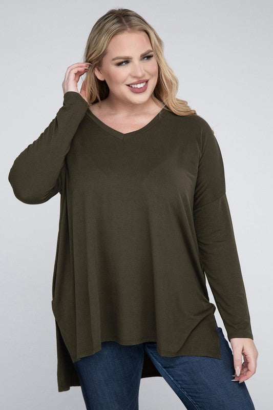 Plus Dolman Sleeve V-Neck Side Slit Hi-Low Hem Top